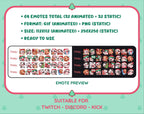 Black Cow Christmas animated Twitch emote mega pack preview displaying all 32 emotes with format and size information.