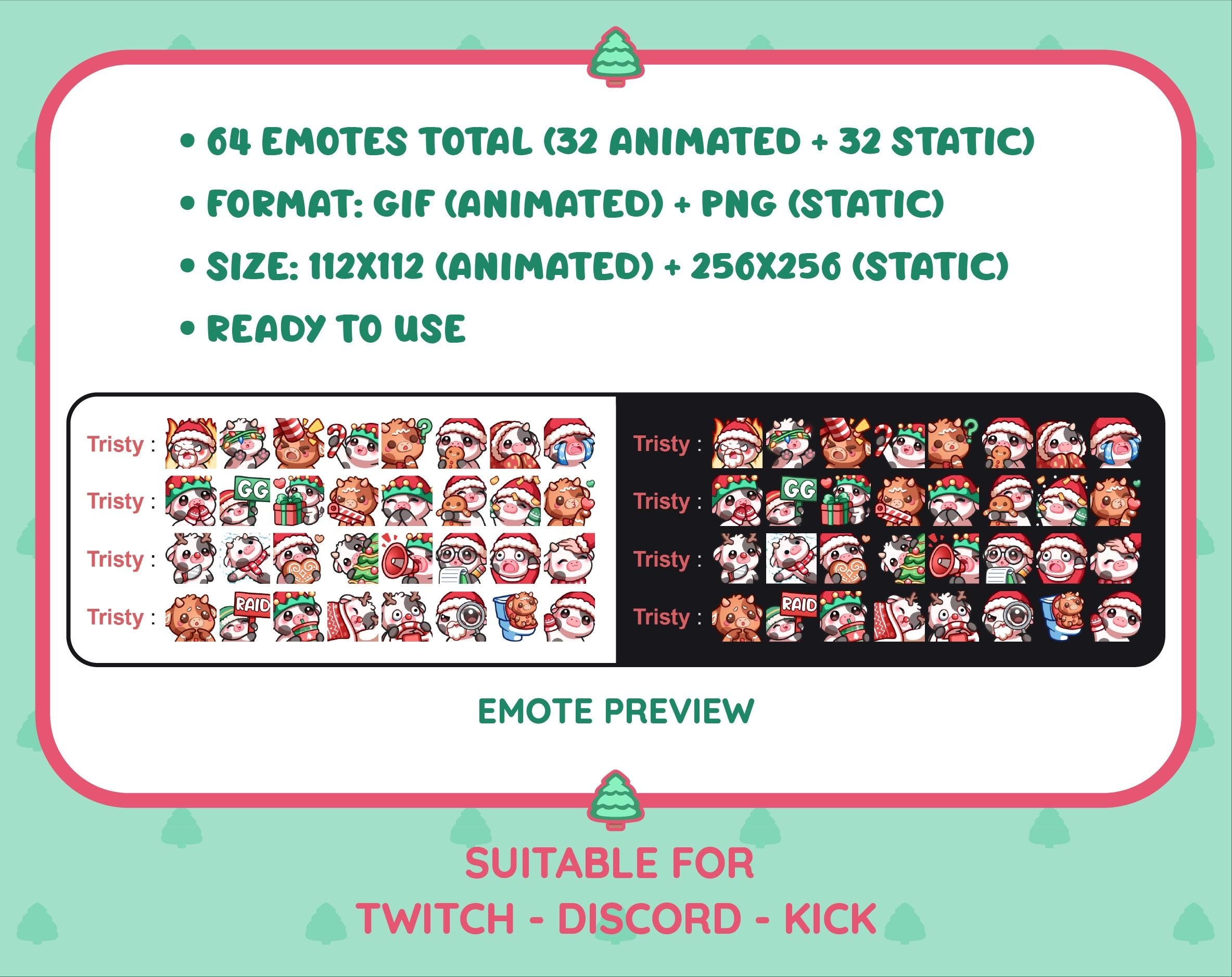 Black Cow Christmas animated Twitch emote mega pack preview displaying all 32 emotes with format and size information.