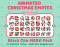 Black Cow Christmas animated Twitch emote mega pack featuring 32 emotes including hype, gift, candy, and cookie.