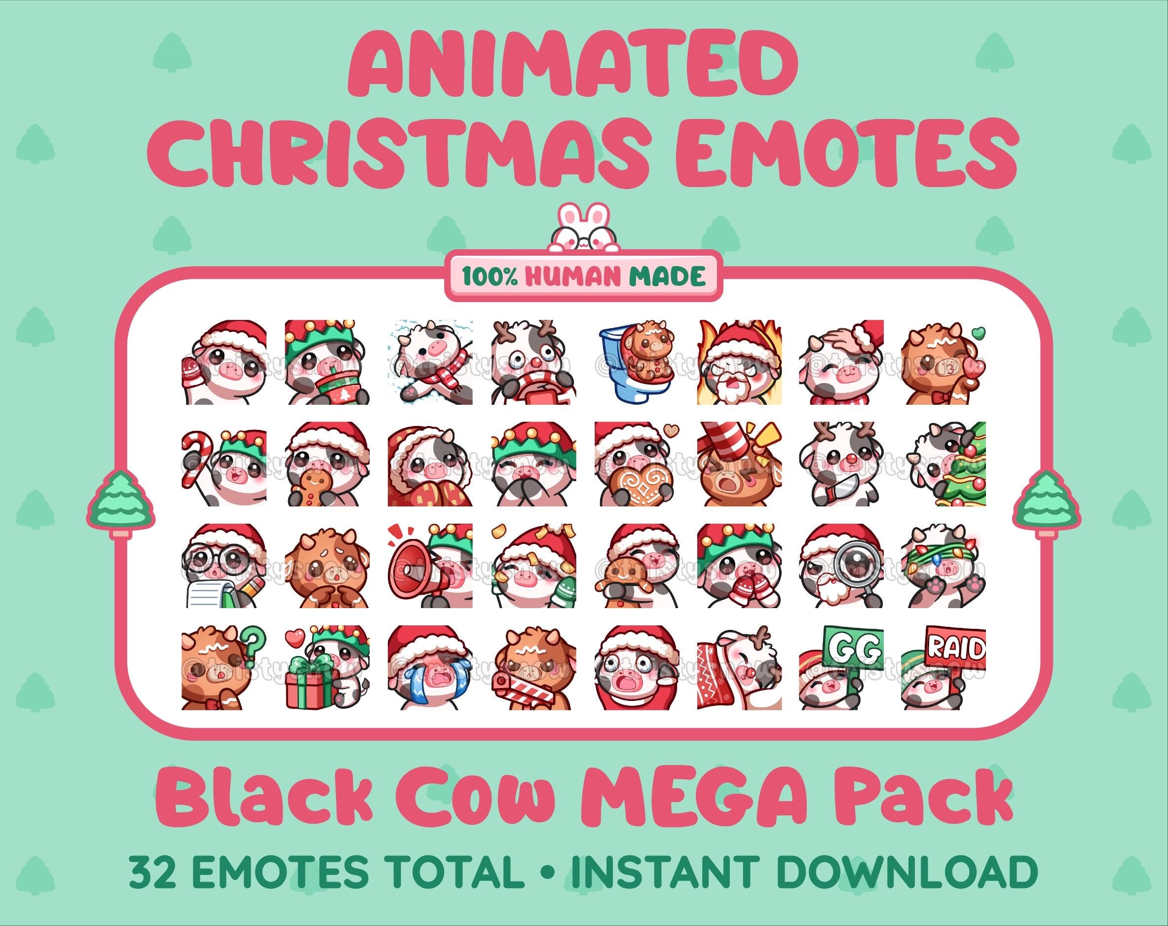 Black Cow Christmas animated Twitch emote mega pack featuring 32 emotes including hype, gift, candy, and cookie.