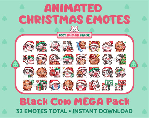 Black Cow Christmas animated Twitch emote mega pack featuring 32 emotes including hype, gift, candy, and cookie.