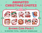Brown Cow Christmas animated Twitch emote pack featuring 10 emotes including angry, kiss, candy, and cookie.