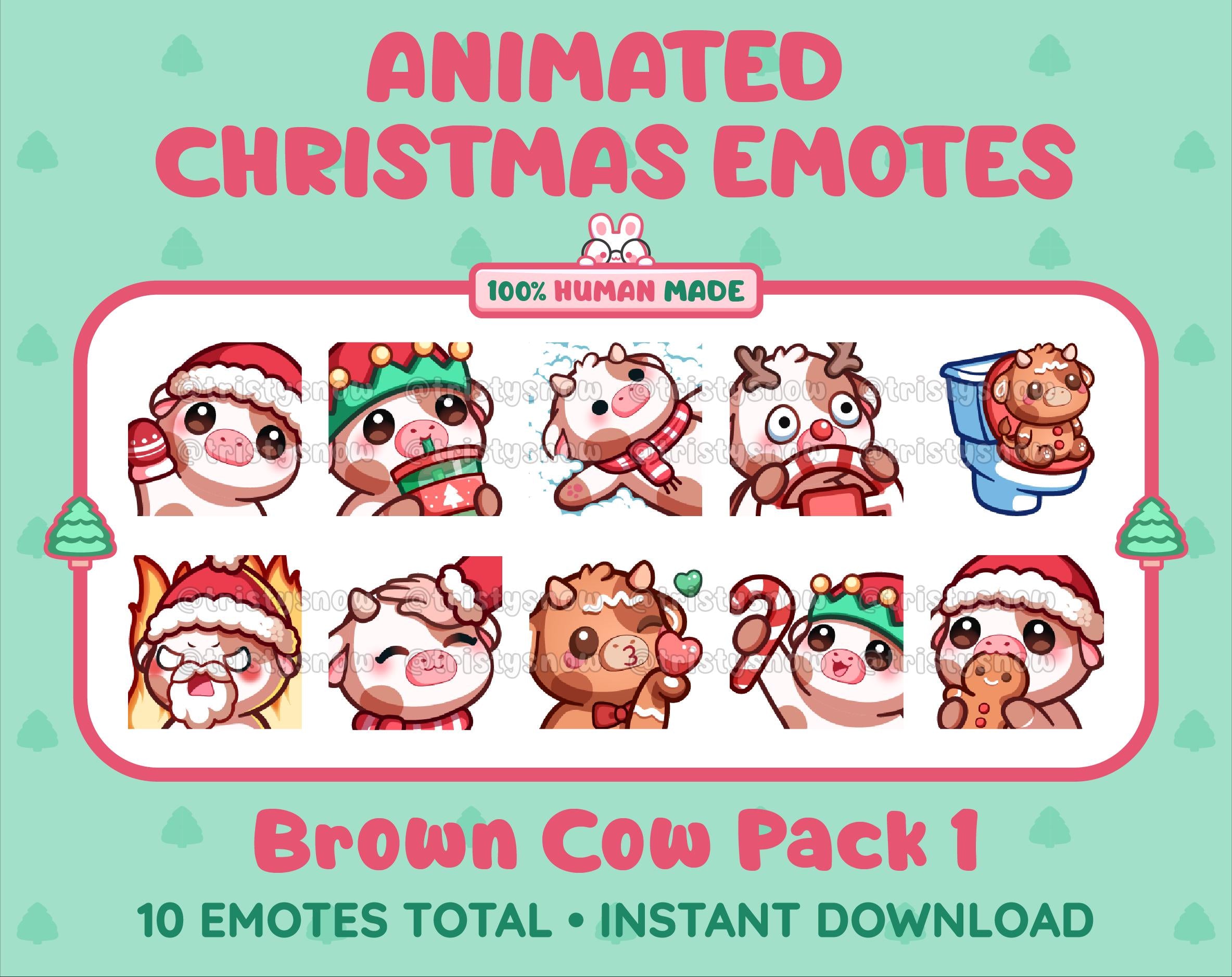 Brown Cow Christmas animated Twitch emote pack featuring 10 emotes including angry, kiss, candy, and cookie.