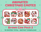 Brown Cow Christmas animated Twitch emote pack featuring 10 emotes including cozy, bonk, lurk, and hype.