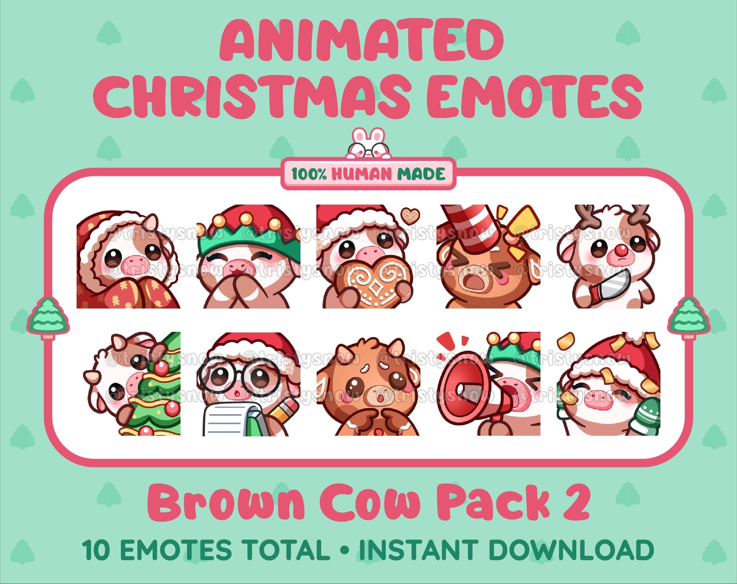 Brown Cow Christmas animated Twitch emote pack featuring 10 emotes including cozy, bonk, lurk, and hype.