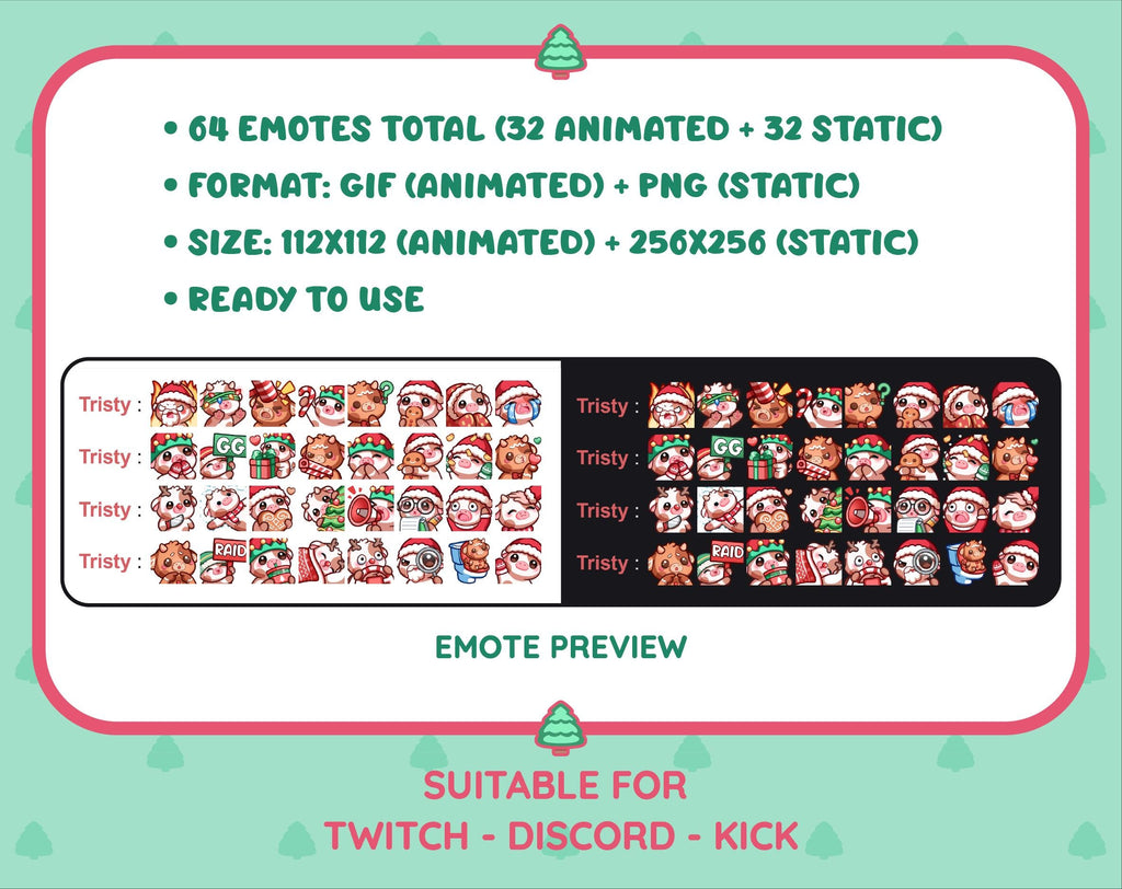 Brown Cow Christmas animated Twitch emote mega pack preview displaying all 32 emotes with format and size information.