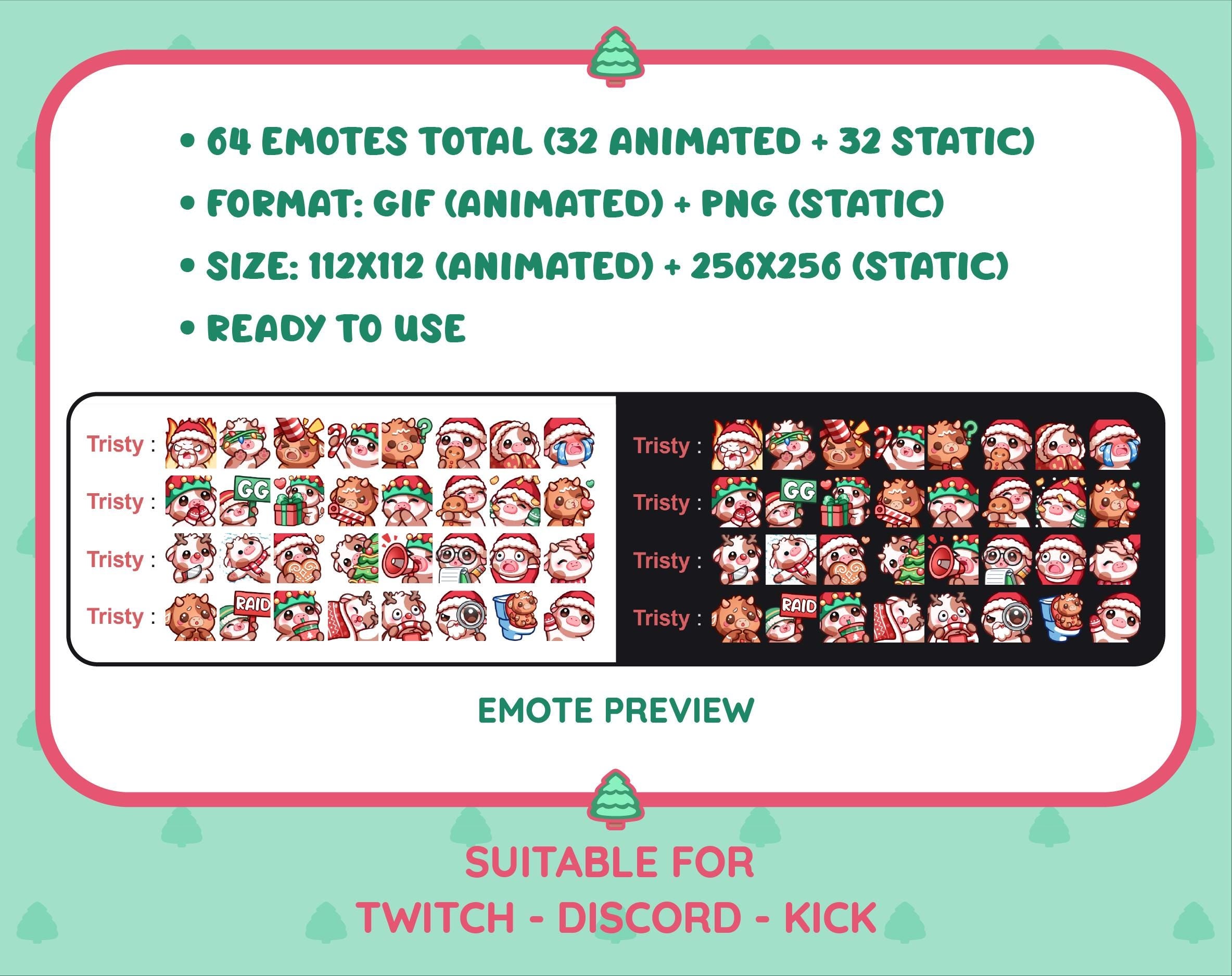 Brown Cow Christmas animated Twitch emote mega pack preview displaying all 32 emotes with format and size information.
