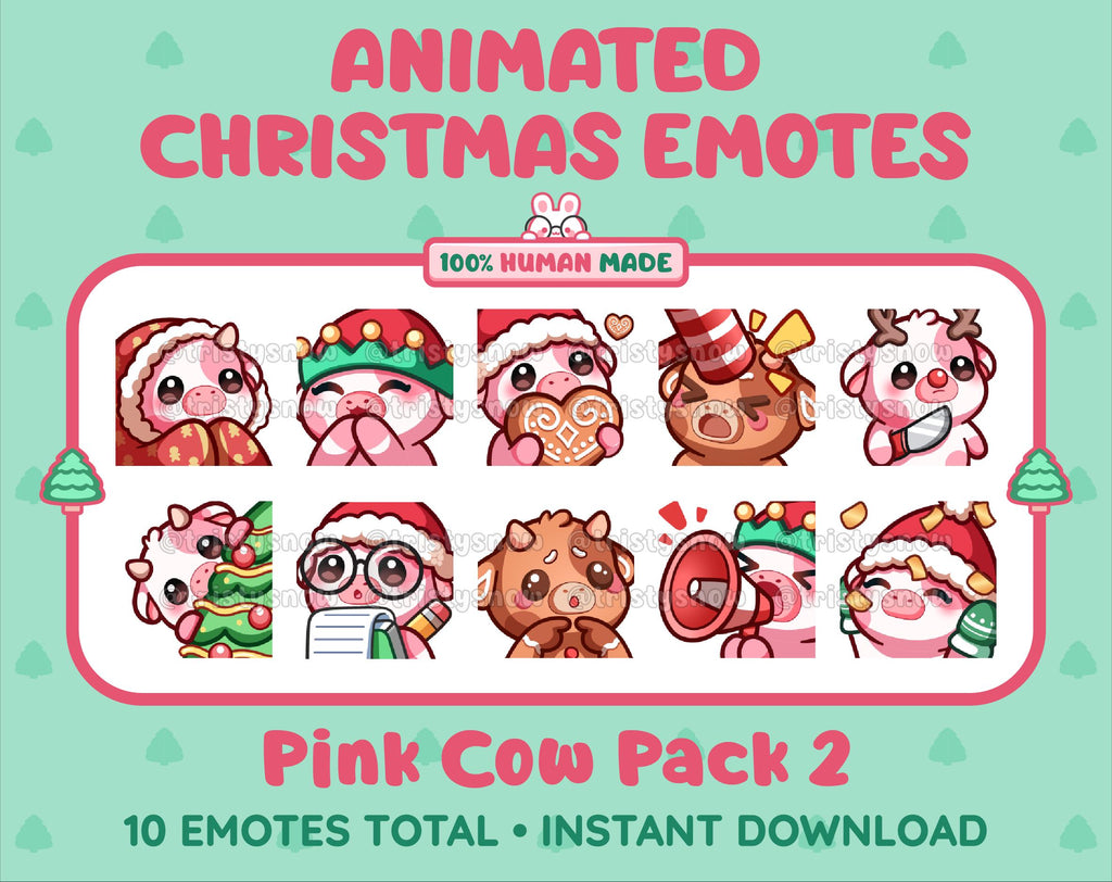 Pink Cow Christmas animated Twitch emote pack featuring 10 emotes including cozy, bonk, lurk, and hype.
