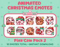 Pink Cow Christmas animated Twitch emote pack featuring 10 emotes including cozy, bonk, lurk, and hype.