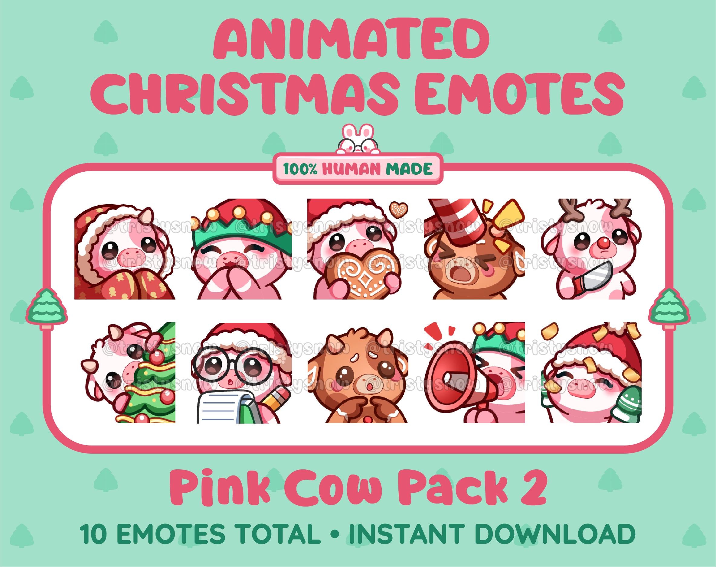 Pink Cow Christmas animated Twitch emote pack featuring 10 emotes including cozy, bonk, lurk, and hype.