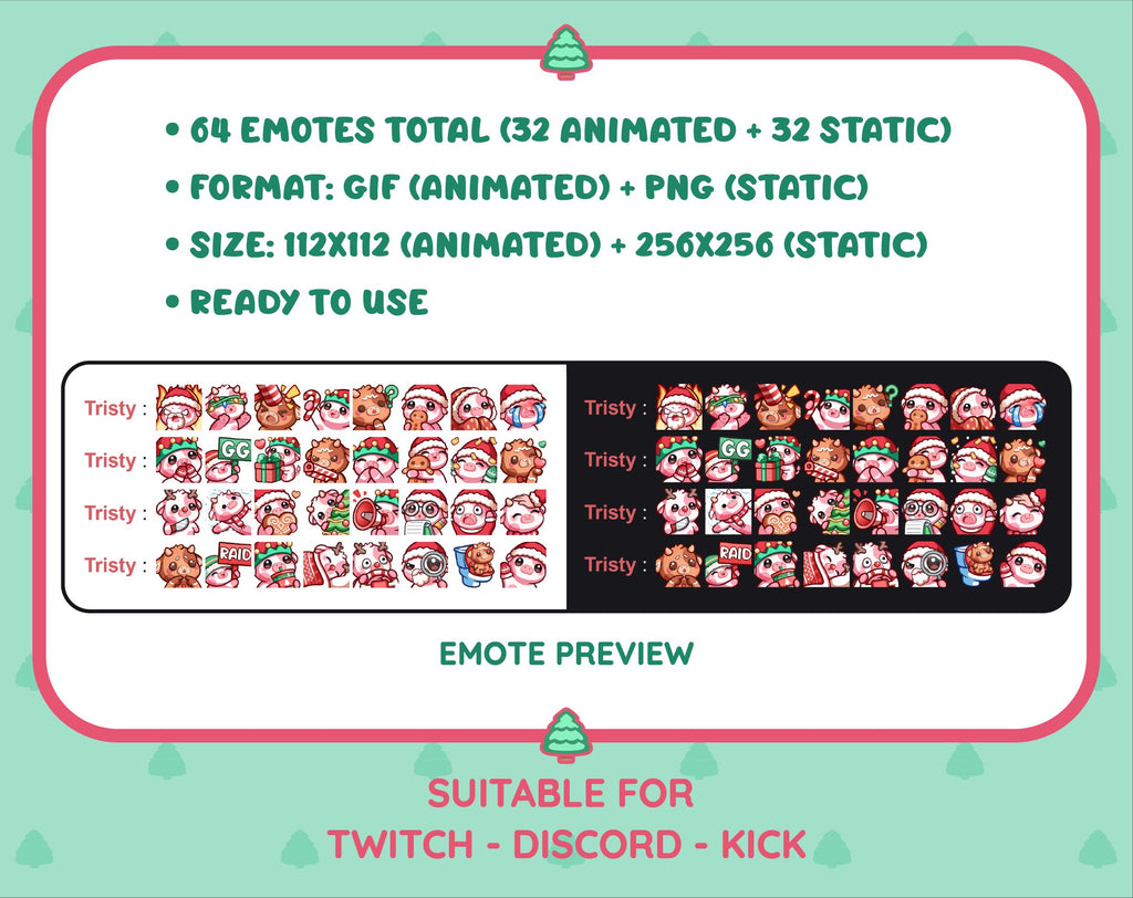 Pink Cow Christmas animated Twitch emote mega pack preview displaying all 32 emotes with format and size information.