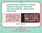 Pink Cow Christmas animated Twitch emote mega pack preview displaying all 32 emotes with format and size information.