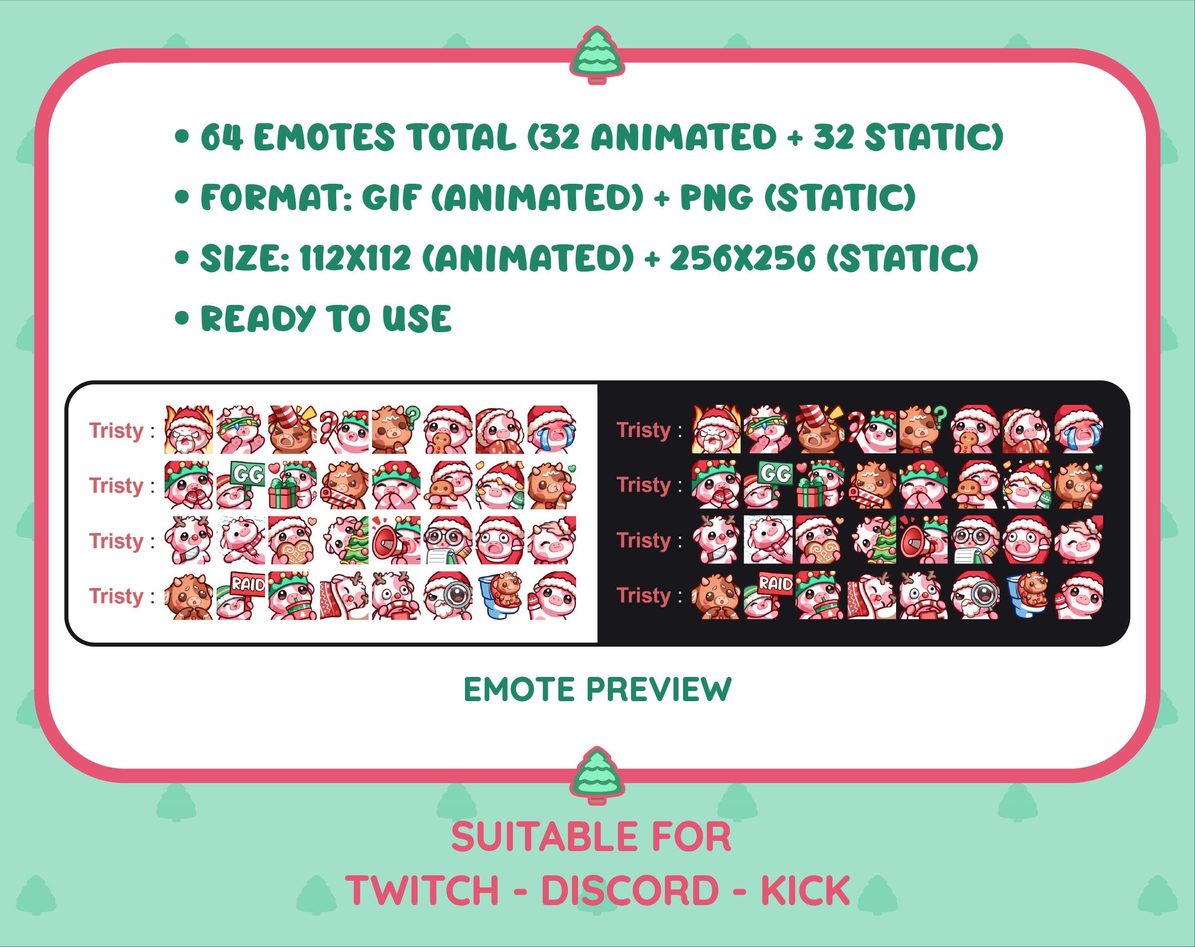 Pink Cow Christmas animated Twitch emote mega pack preview displaying all 32 emotes with format and size information.