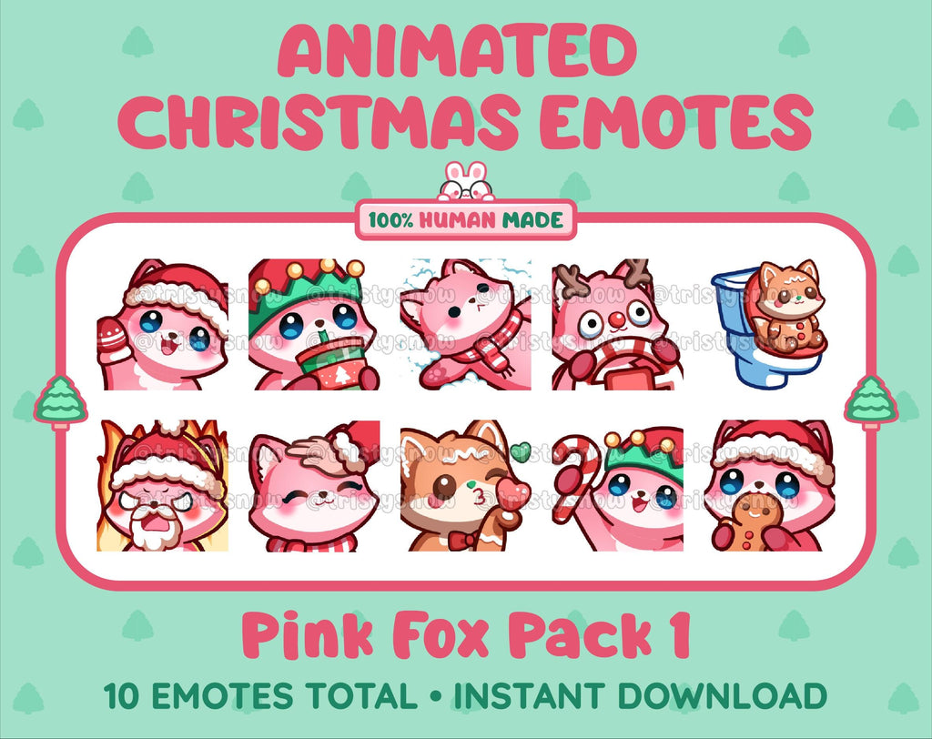 Pink Fox Christmas animated Twitch emote pack featuring 10 emotes including angry, kiss, candy, and cookie.