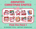 Pink Fox Christmas animated Twitch emote pack featuring 10 emotes including angry, kiss, candy, and cookie.