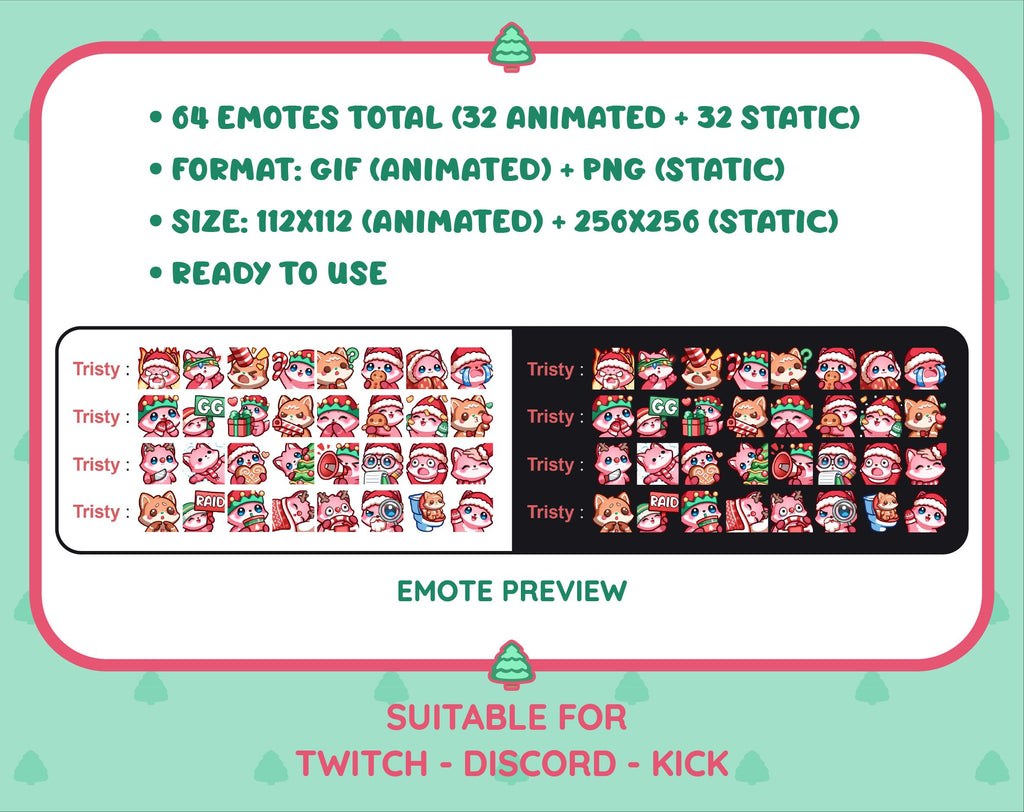 Pink Fox Christmas animated Twitch emote mega pack preview displaying all 32 emotes with format and size information.
