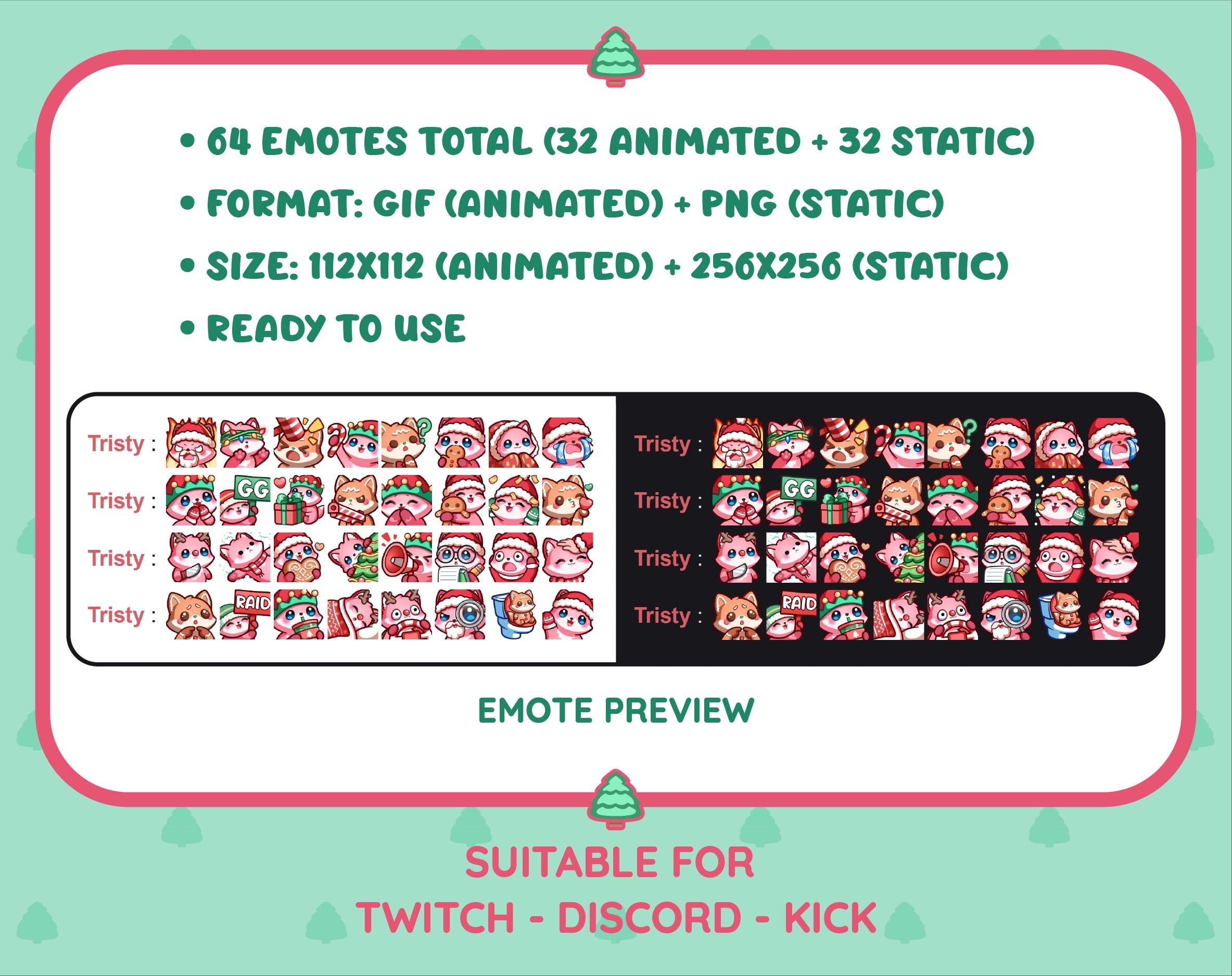 Pink Fox Christmas animated Twitch emote mega pack preview displaying all 32 emotes with format and size information.