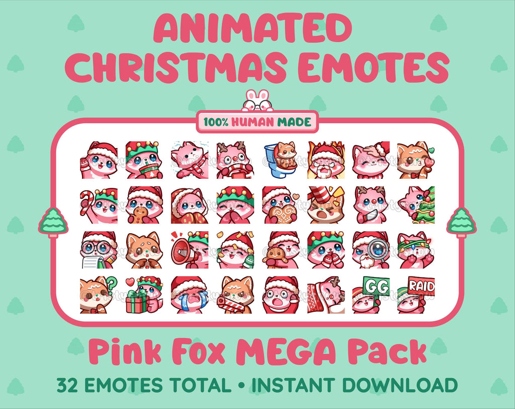 Pink Fox Christmas animated Twitch emote mega pack featuring 32 emotes including hype, gift, candy, and cookie.