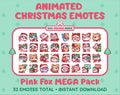 Pink Fox Christmas animated Twitch emote mega pack featuring 32 emotes including hype, gift, candy, and cookie.