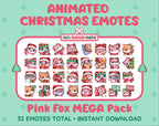 Pink Fox Christmas animated Twitch emote mega pack featuring 32 emotes including hype, gift, candy, and cookie.