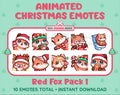 Red Fox Christmas animated Twitch emote pack featuring 10 emotes including angry, kiss, candy, and cookie.