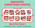 Red Fox Christmas animated Twitch emote pack featuring 10 emotes including angry, kiss, candy, and cookie.