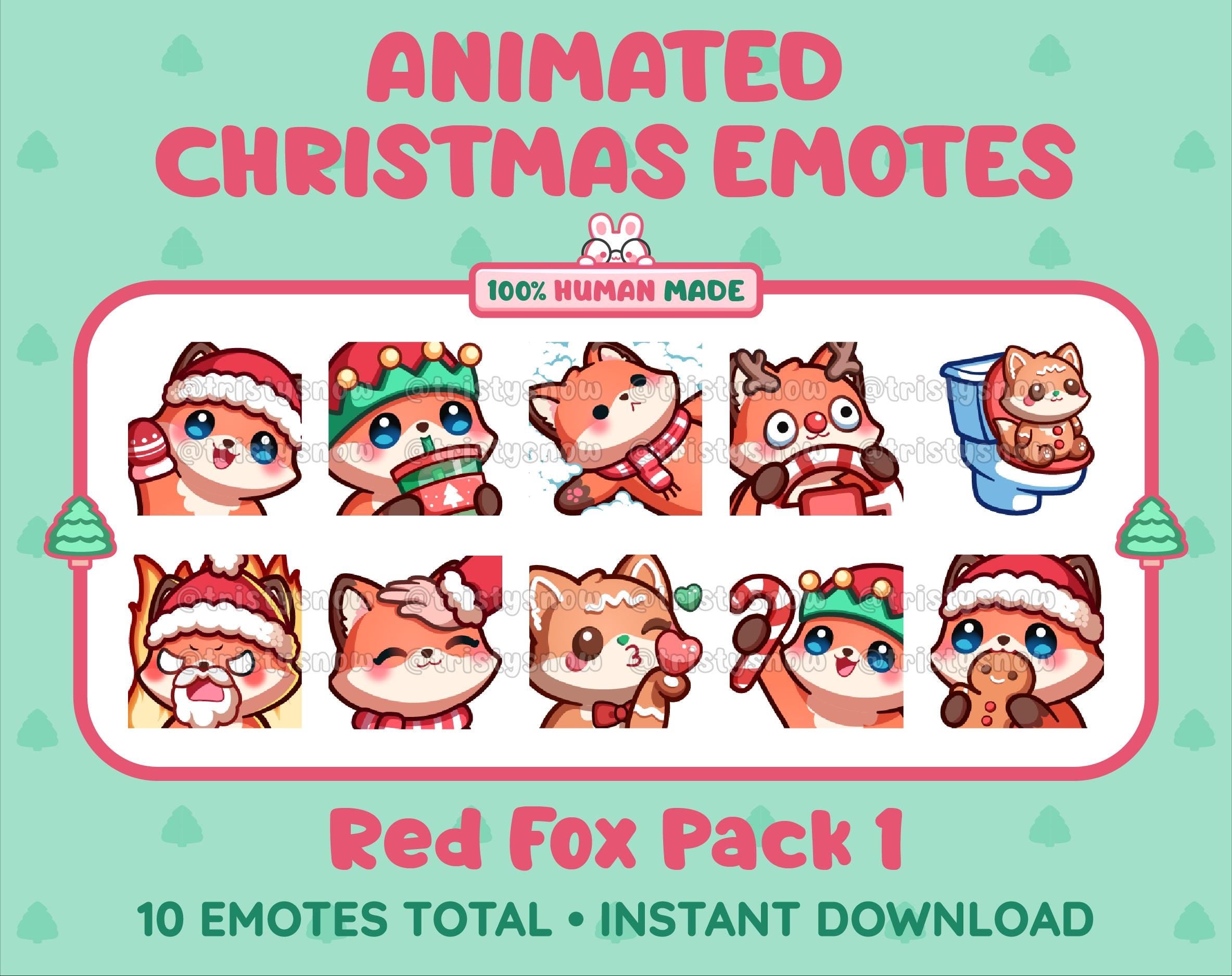 Red Fox Christmas animated Twitch emote pack featuring 10 emotes including angry, kiss, candy, and cookie.