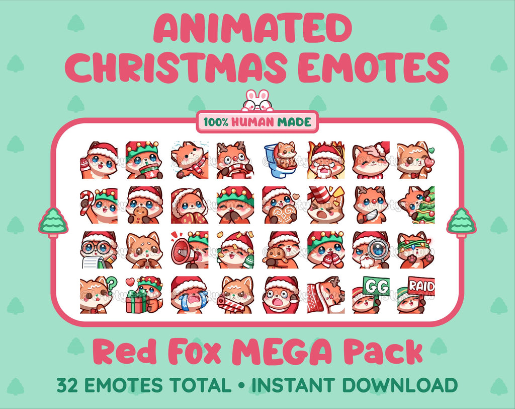 Red Fox Christmas animated Twitch emote mega pack featuring 32 emotes including hype, gift, candy, and cookie.