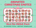 Red Fox Christmas animated Twitch emote mega pack featuring 32 emotes including hype, gift, candy, and cookie.