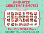 Red Fox Christmas animated Twitch emote mega pack featuring 32 emotes including hype, gift, candy, and cookie.