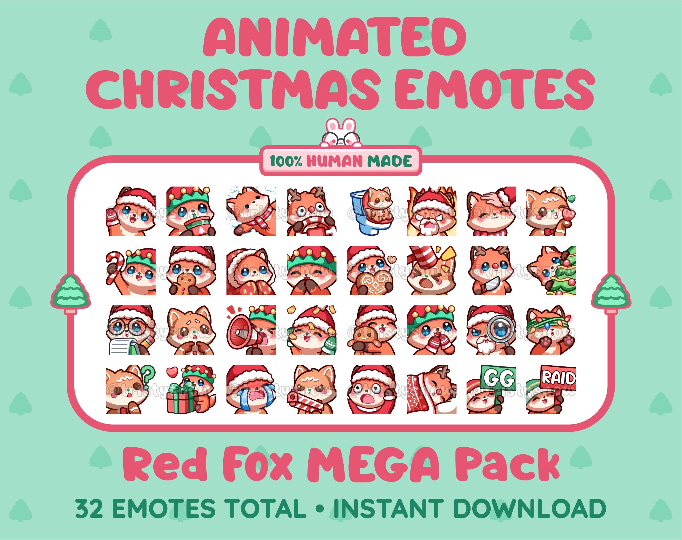 Red Fox Christmas animated Twitch emote mega pack featuring 32 emotes including hype, gift, candy, and cookie.