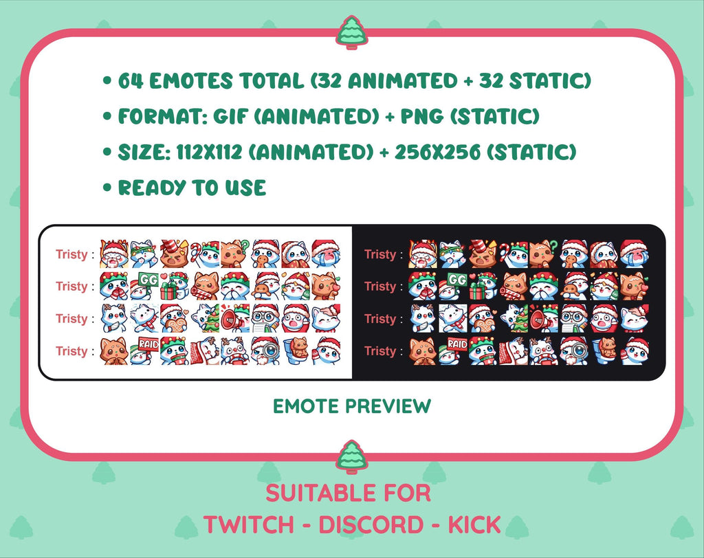 White Fox Christmas animated Twitch emote mega pack preview displaying all 32 emotes with format and size information.