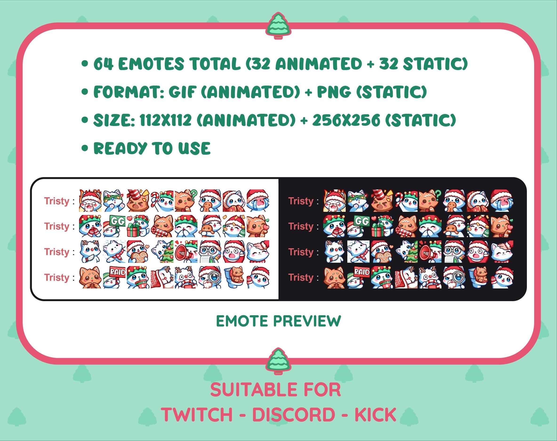 White Fox Christmas animated Twitch emote mega pack preview displaying all 32 emotes with format and size information.