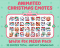 White Fox Christmas animated Twitch emote mega pack featuring 32 emotes including hype, gift, candy, and cookie.