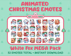 White Fox Christmas animated Twitch emote mega pack featuring 32 emotes including hype, gift, candy, and cookie.