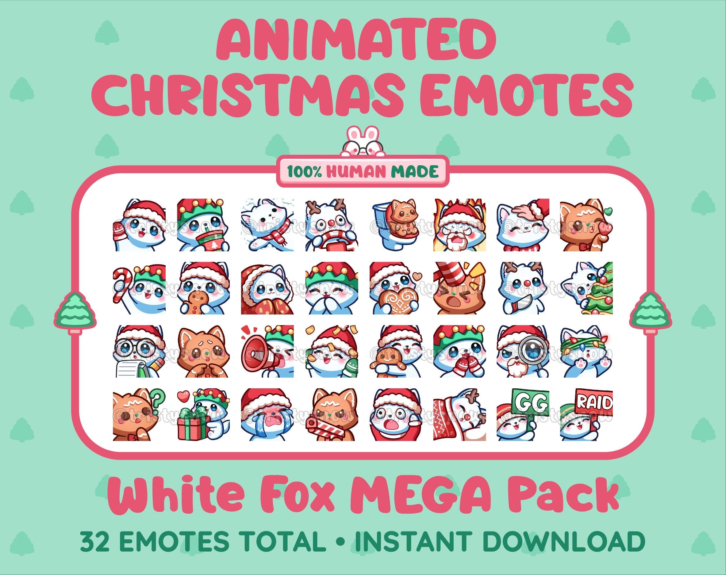 White Fox Christmas animated Twitch emote mega pack featuring 32 emotes including hype, gift, candy, and cookie.