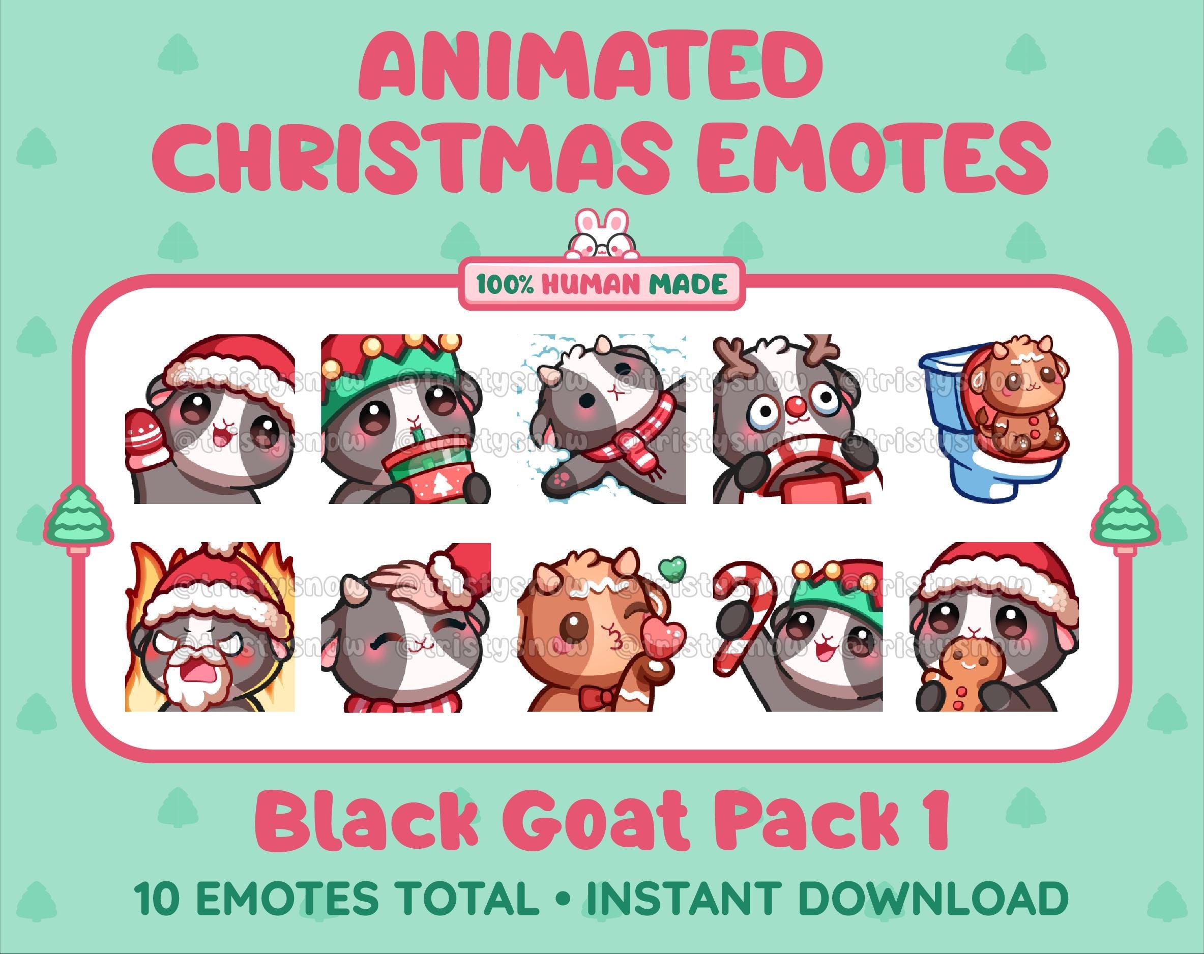 Black Goat Christmas animated Twitch emote pack featuring 10 emotes including angry, kiss, candy, and cookie.