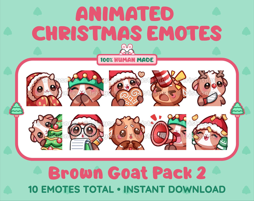 Brown Goat Christmas animated Twitch emote pack featuring 10 emotes including cozy, bonk, lurk, and hype.