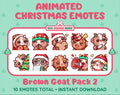 Brown Goat Christmas animated Twitch emote pack featuring 10 emotes including cozy, bonk, lurk, and hype.