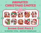 Brown Goat Christmas animated Twitch emote pack featuring 10 emotes including cozy, bonk, lurk, and hype.