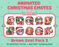 Brown Goat Christmas animated Twitch emote pack featuring 10 emotes including hug, sus, cry, and panic.