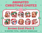 Brown Goat Christmas animated Twitch emote pack featuring 10 emotes including hug, sus, cry, and panic.
