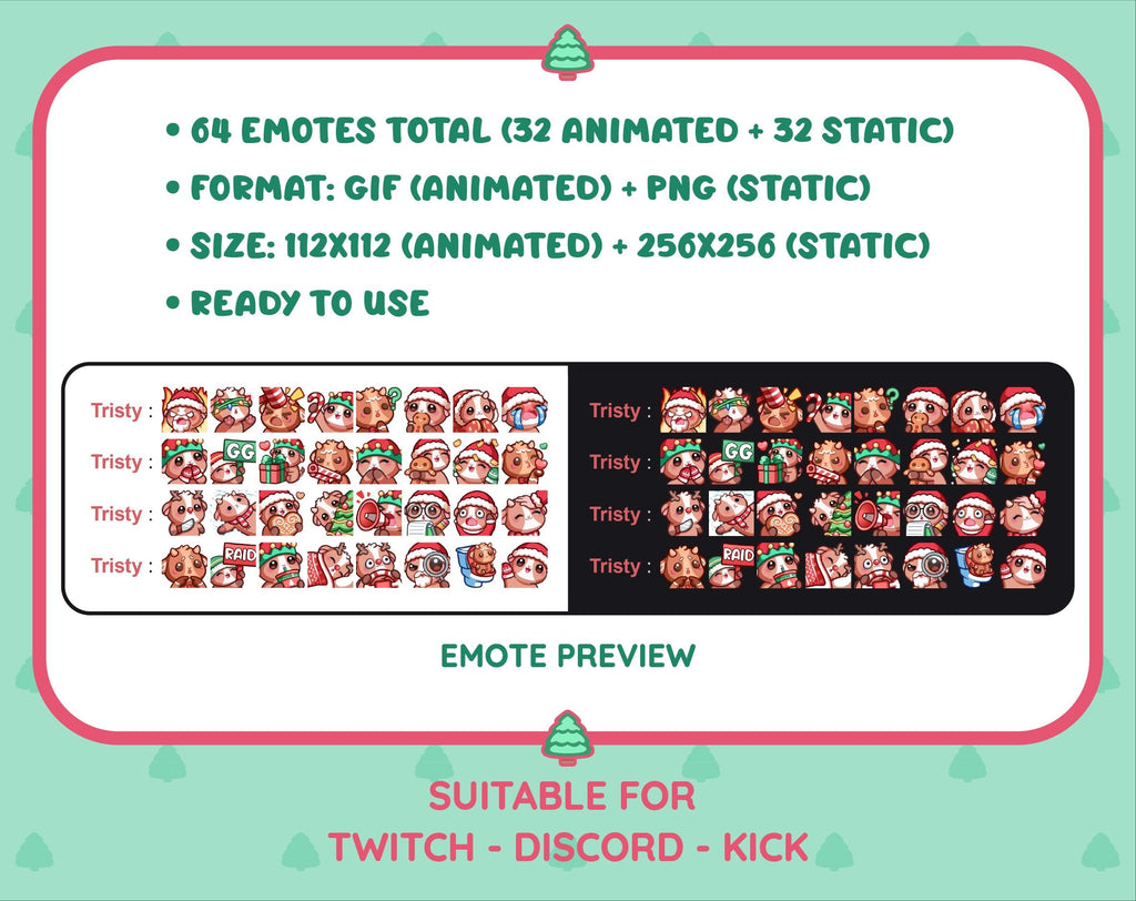 Brown Goat Christmas animated Twitch emote mega pack preview displaying all 32 emotes with format and size information.