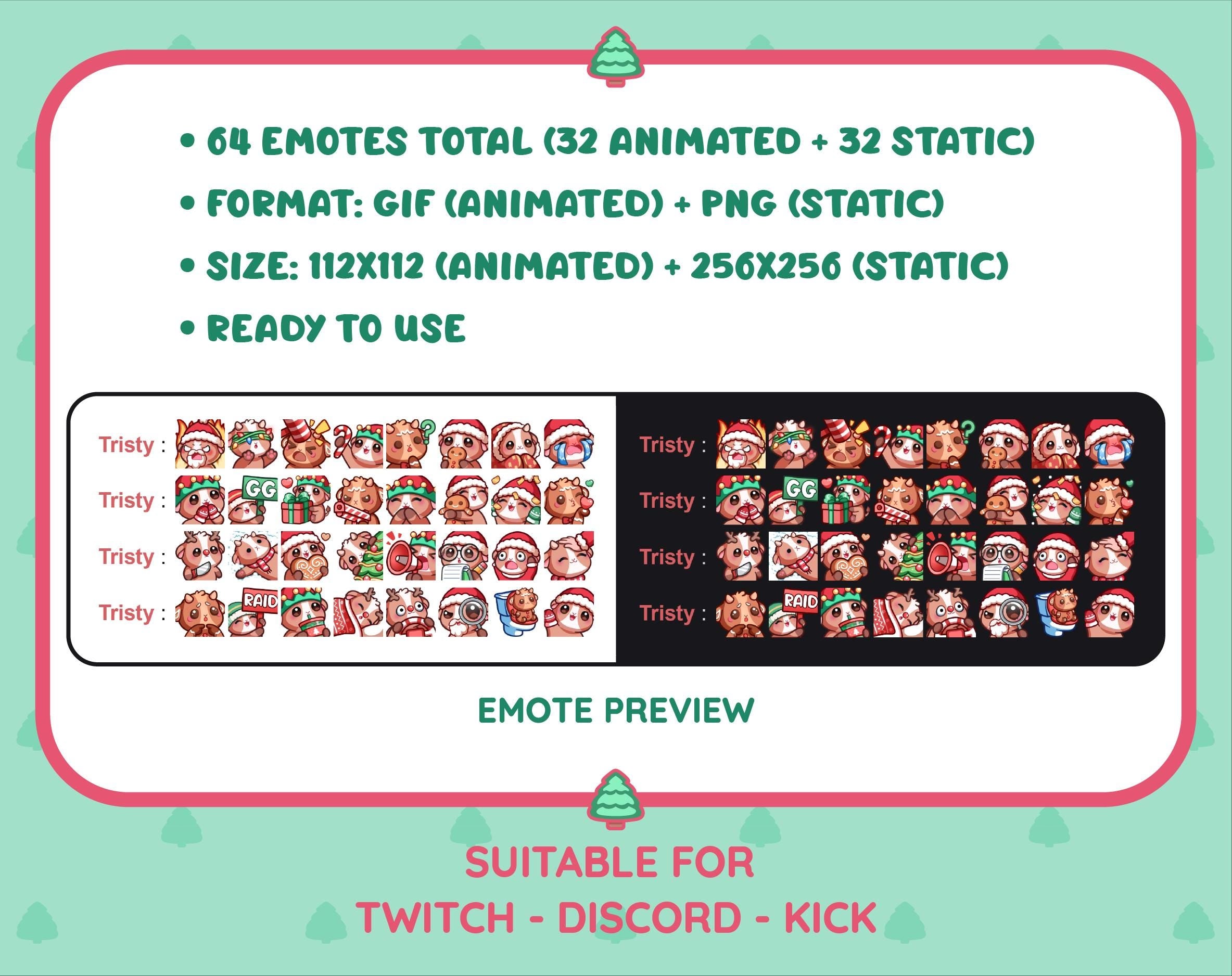 Brown Goat Christmas animated Twitch emote mega pack preview displaying all 32 emotes with format and size information.