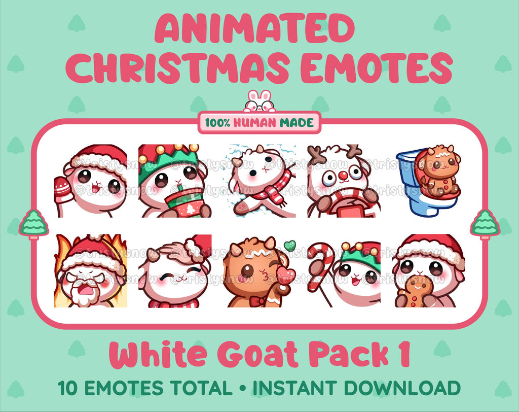 White Goat Christmas animated Twitch emote pack featuring 10 emotes including angry, kiss, candy, and cookie.