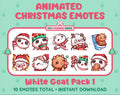 White Goat Christmas animated Twitch emote pack featuring 10 emotes including angry, kiss, candy, and cookie.