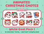 White Goat Christmas animated Twitch emote pack featuring 10 emotes including angry, kiss, candy, and cookie.