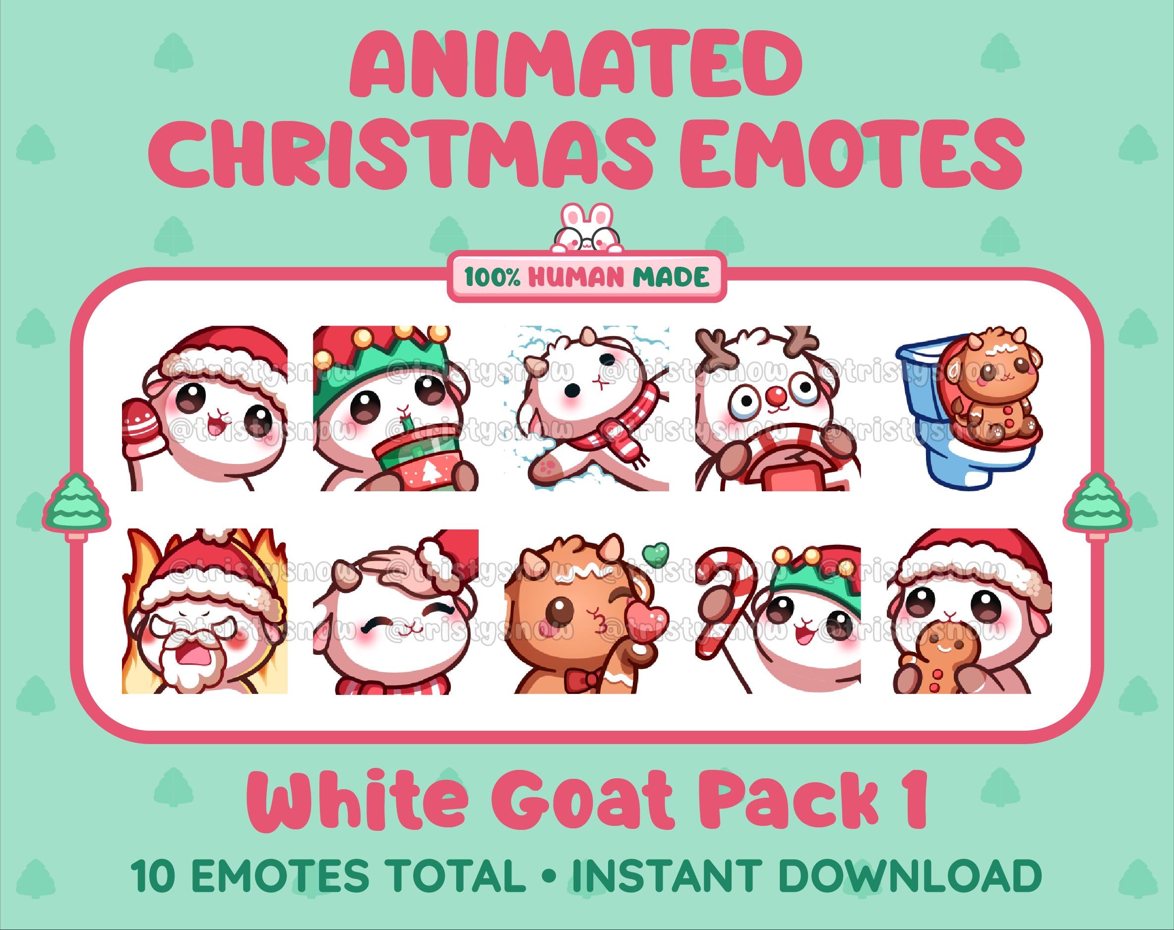 White Goat Christmas animated Twitch emote pack featuring 10 emotes including angry, kiss, candy, and cookie.