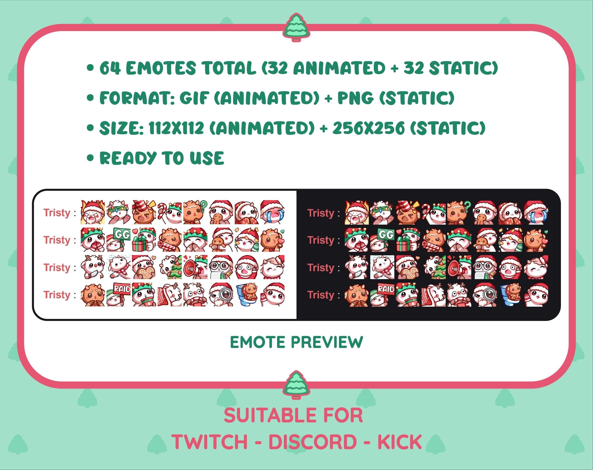 White Goat Christmas animated Twitch emote mega pack preview displaying all 32 emotes with format and size information.