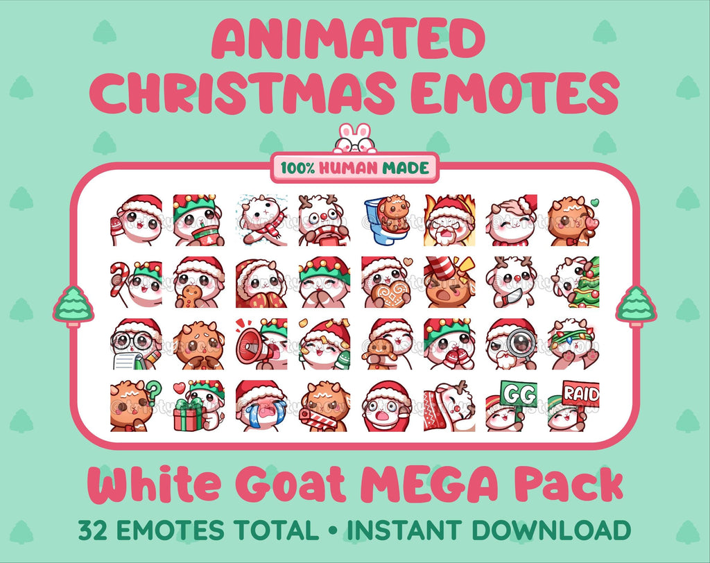 White Goat Christmas animated Twitch emote mega pack featuring 32 emotes including hype, gift, candy, and cookie.